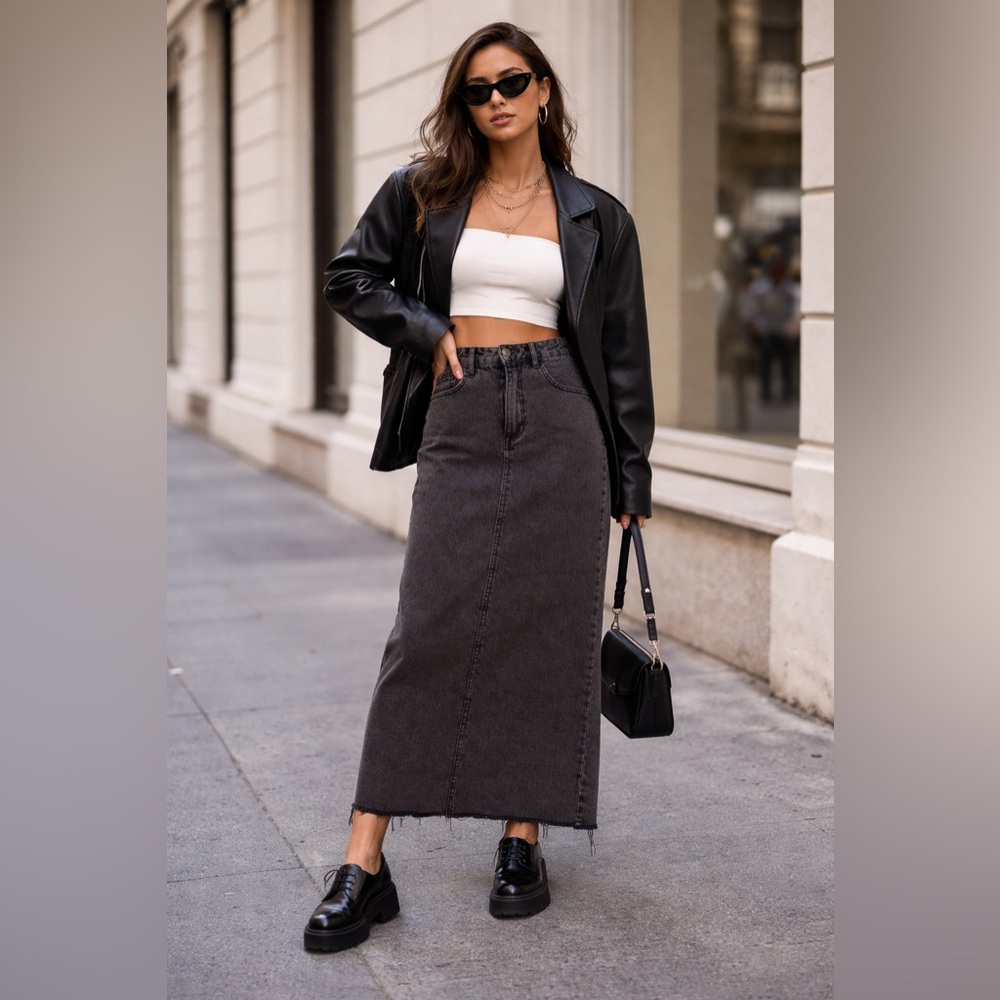 Stradivarius Brown Denim Maxi Skirt